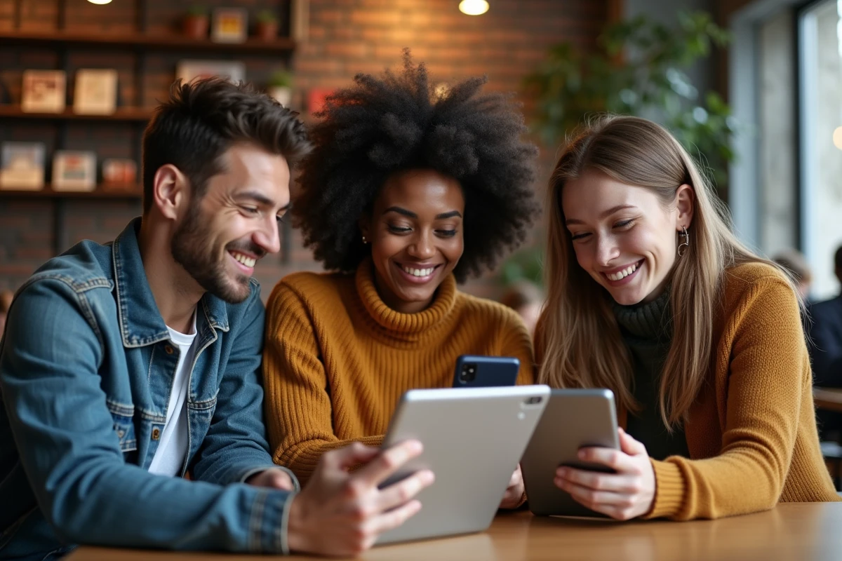 Groupe de jeunes autour d une table de café avec tablettes