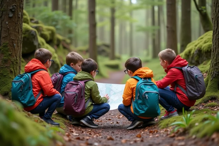Groupe d'enfants en nature avec guide et carte