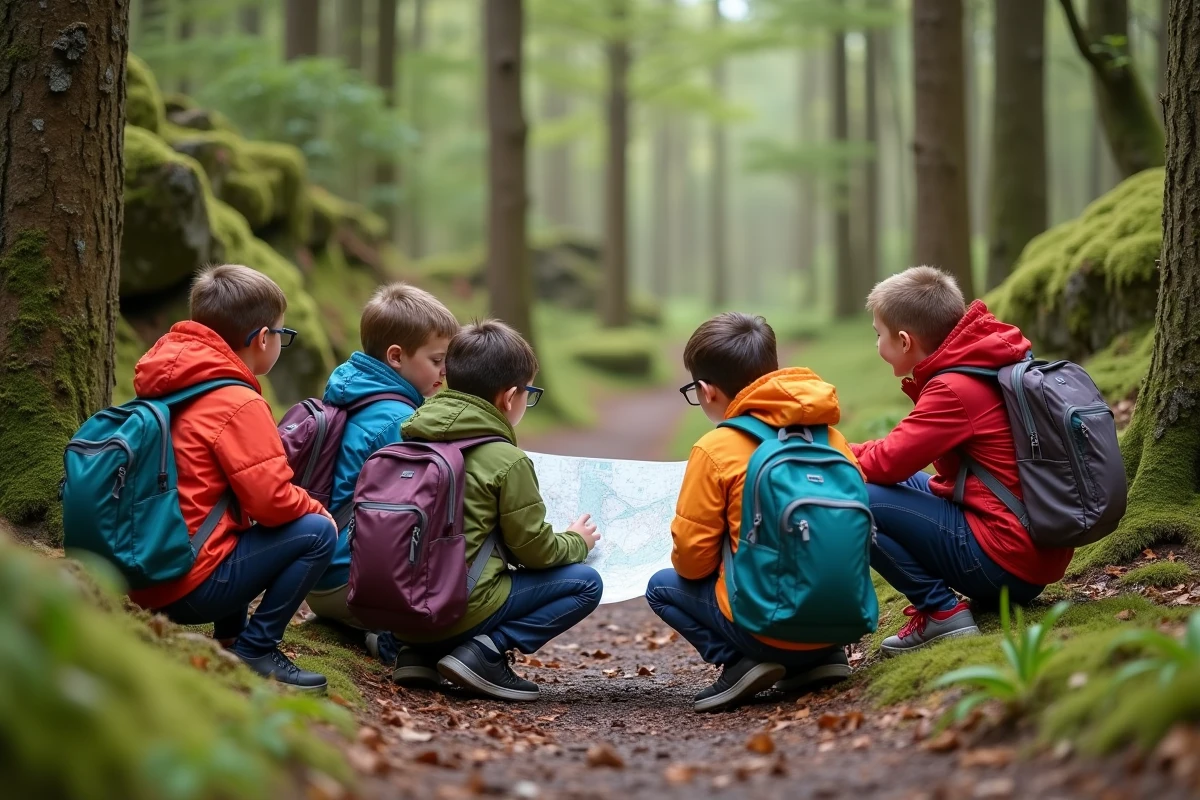 Groupe d'enfants en nature avec guide et carte