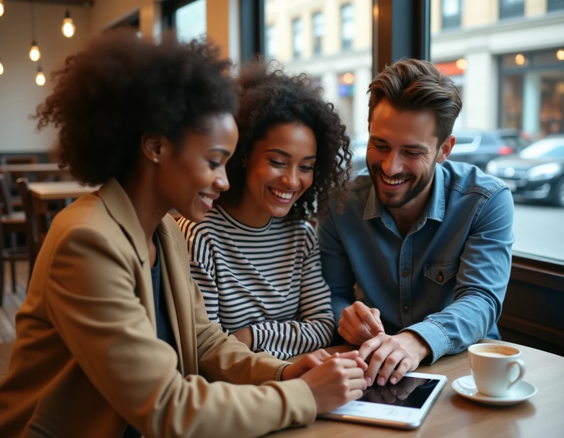 Groupe de jeunes professionnels consultant des offres d'emploi en ligne ensemble dans un café