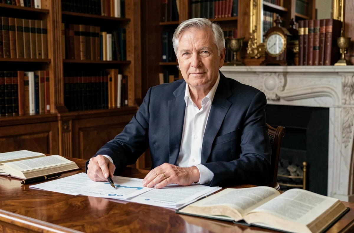 Portrait d'un homme d'affaires influent dans un bureau parisien classique entouré de livres et de documents financiers