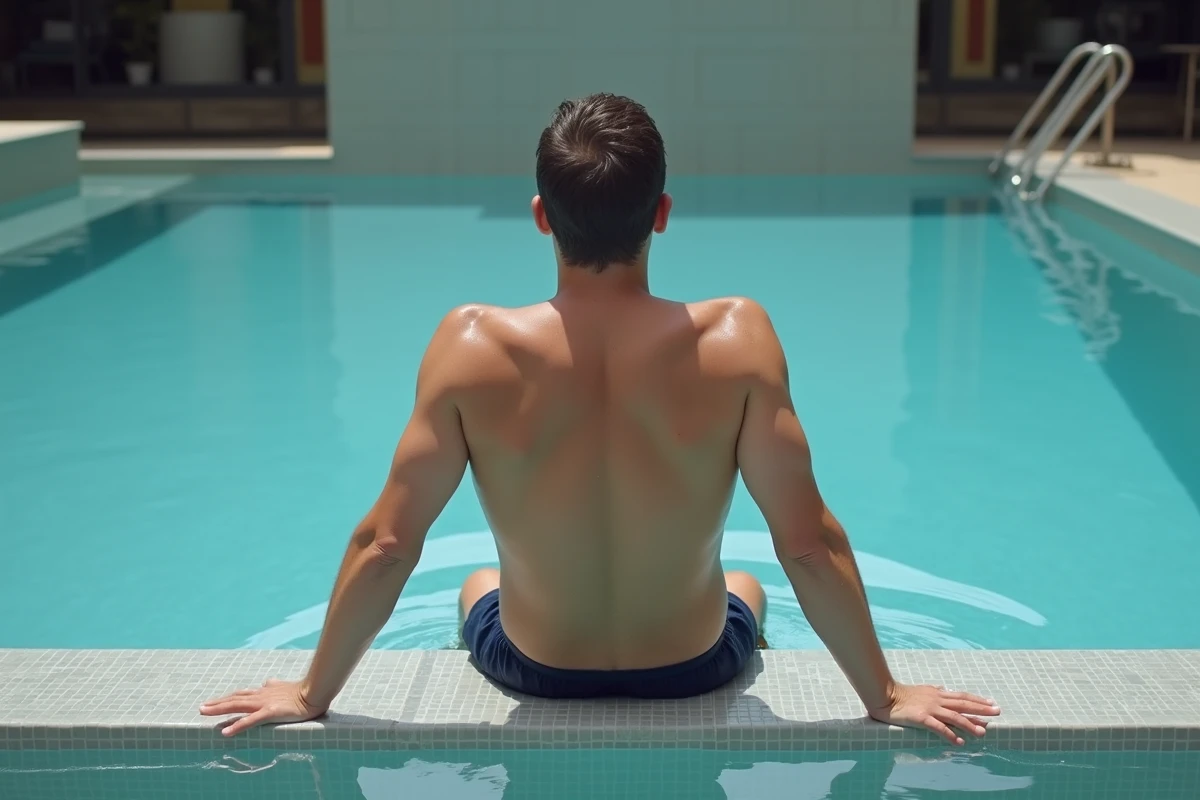 Homme assis sur une banquette de piscine immergée en mosaïque grise, illustrant la hauteur et la largeur ergonomiques idéales d'un siège de piscine