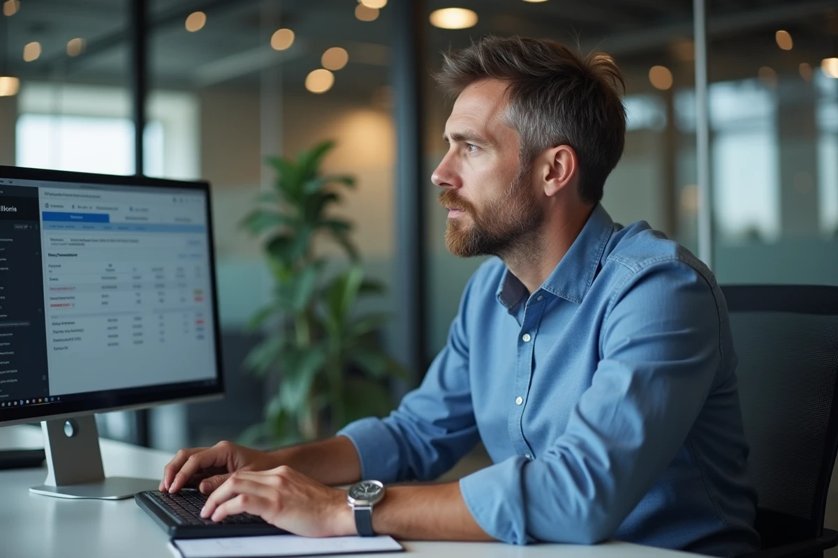 Homme d age moyen travaillant sur son ordinateur au bureau