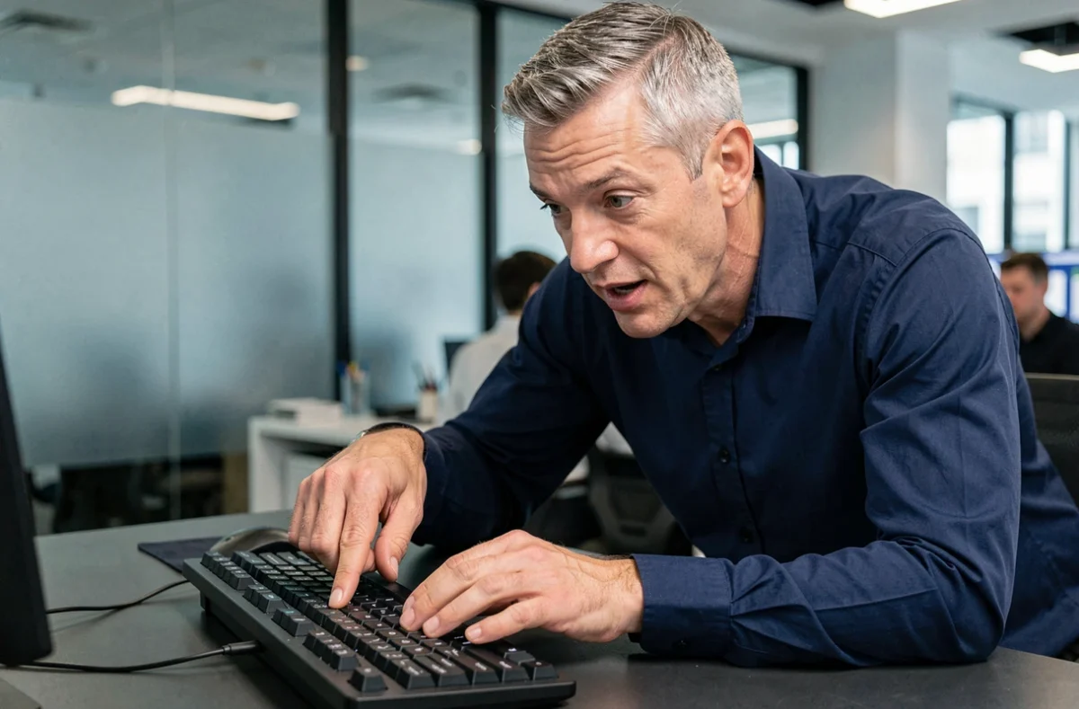Homme en bureau montrant la touche barre verticale sur un clavier mécanique professionnel