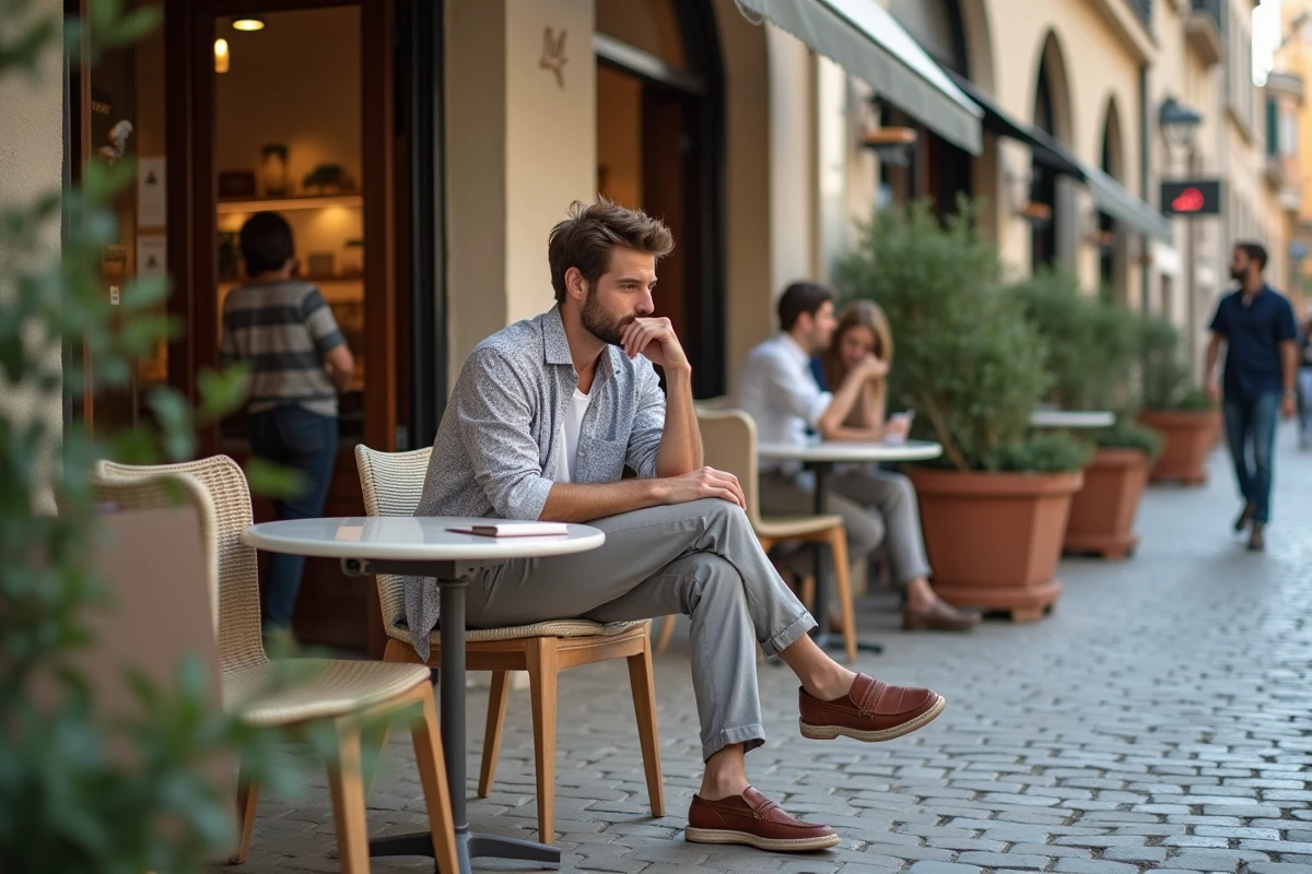 Homme détendu assis au café près de Zaza Mode