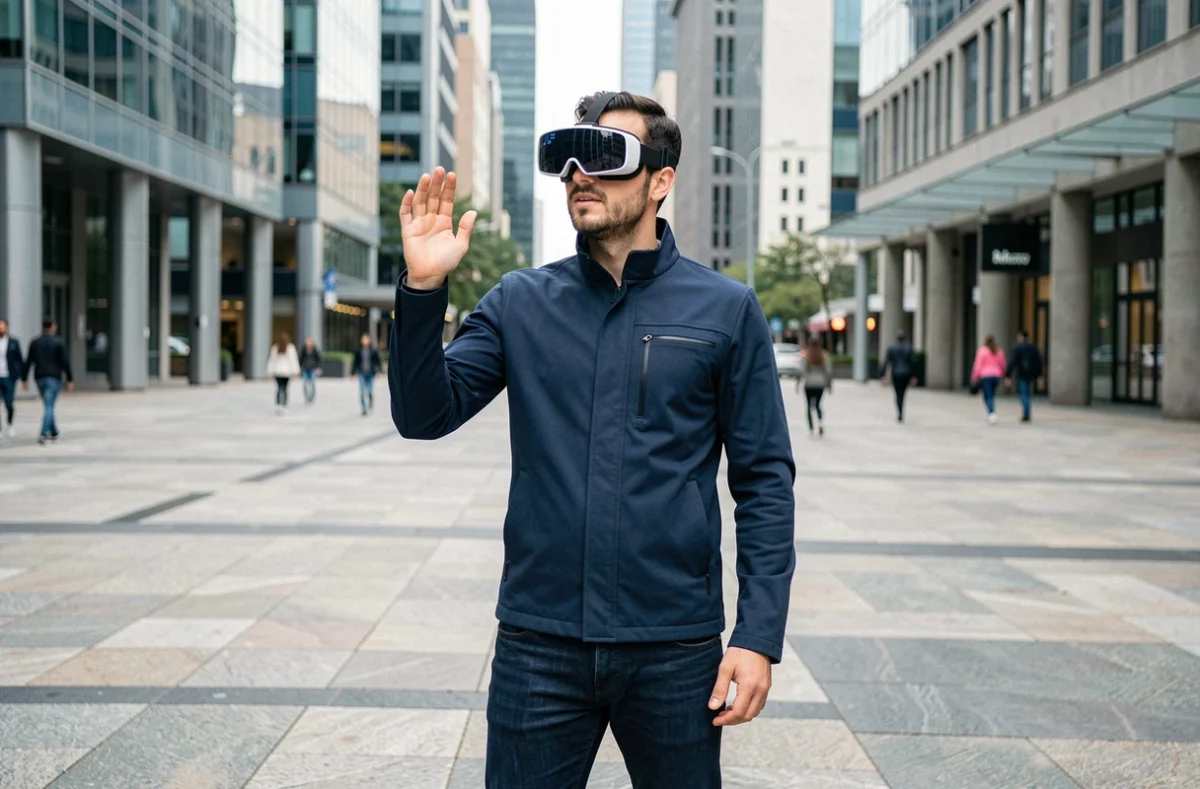 Homme portant un casque de réalité augmentée futuriste dans une place urbaine moderne