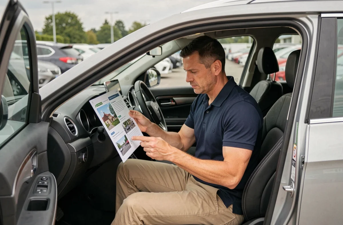 Homme comparant des offres de voitures dans un parking de concessionnaire, conseils pour trouver le véhicule adapté à ses besoins
