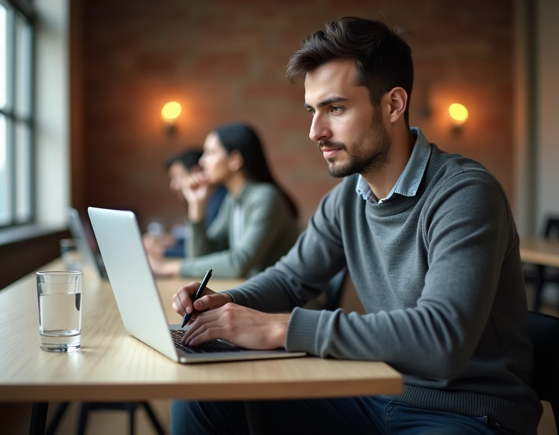 Homme consultant son CV dans un espace de co-working moderne pour trouver un emploi