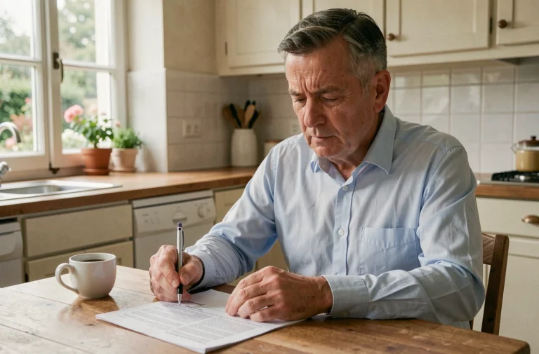Un homme d'âge mûr examine attentivement un contrat d'assurance Predica à la table de sa cuisine, stylo en main
