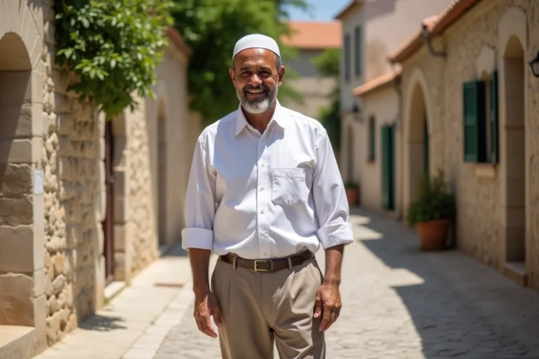 Homme musulman souriant dans un village corse authentique