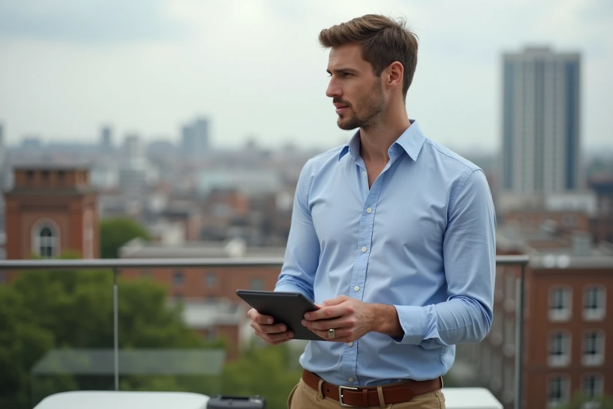 Homme regardant ses notes sur une tablette en terrasse urbaine