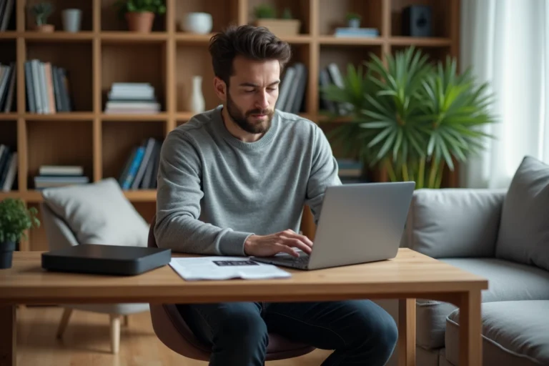 Homme en sweater gris utilisant un laptop avec Freebox dans un salon