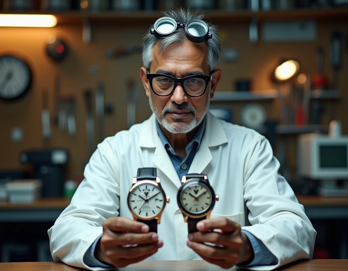Horloger comparant une vraie montre Orient avec une contrefaçon pour identifier les différences visuelles