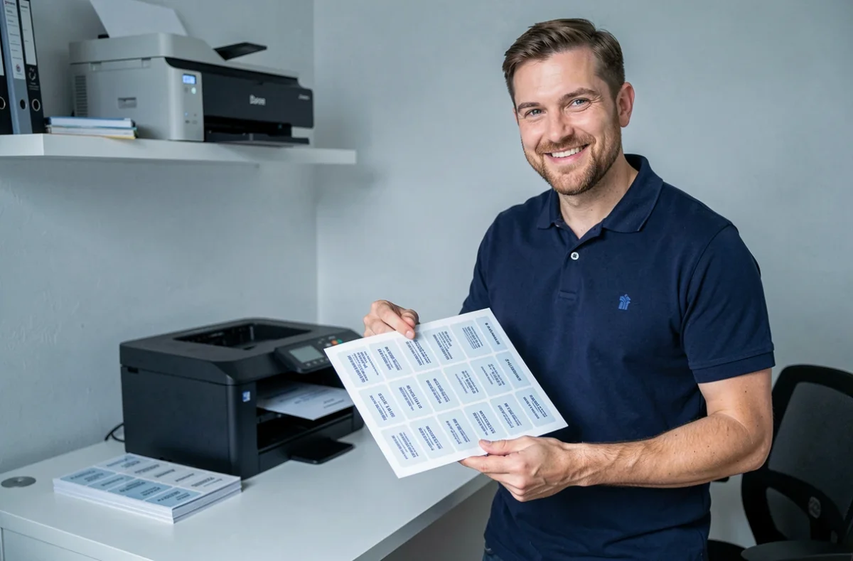 Homme tenant des étiquettes personnalisées imprimées pour boîte aux lettres à côté d'une imprimante à domicile
