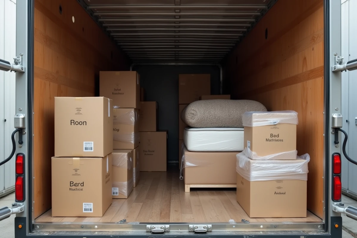 Intérieur d'un camion 20m3 chargé avec des cartons, un matelas emballé et des meubles démontés