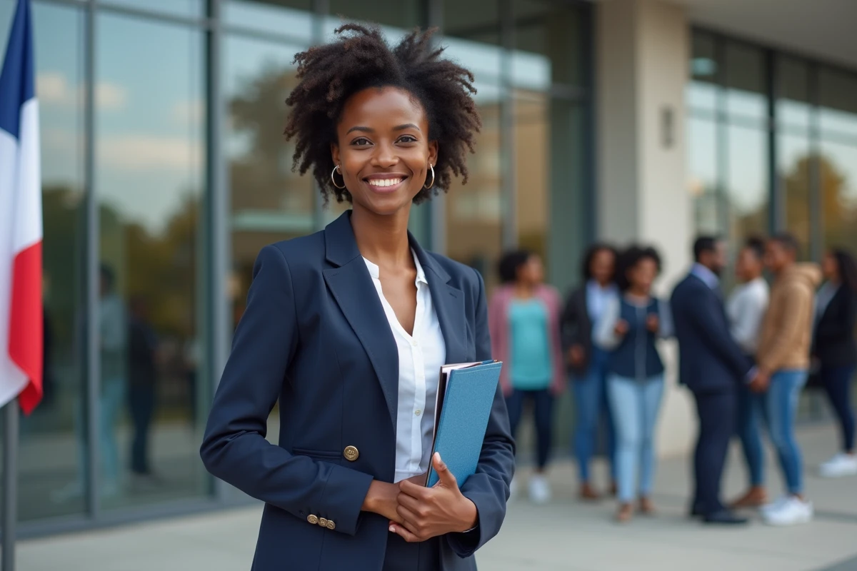 Jeune femme africaine souriante devant un bâtiment administratif