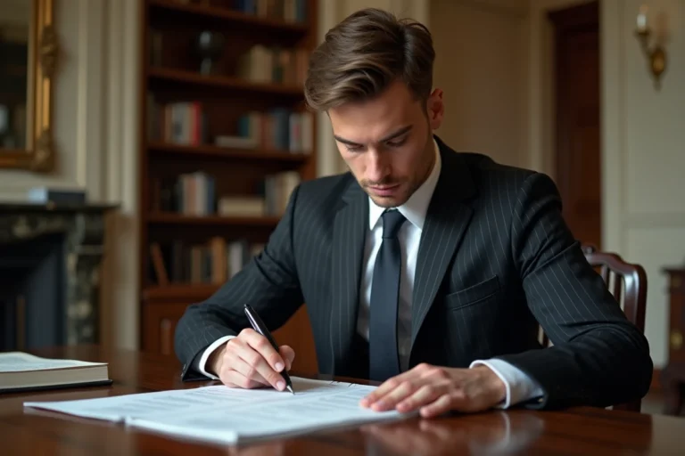 Jeune homme d'affaires à Paris en train d'étudier des documents financiers