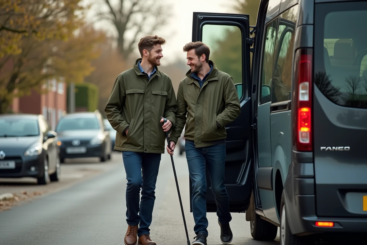 Jeune homme malvoyant montant dans un minibus adapté avec l'aide d'un assistant de transport