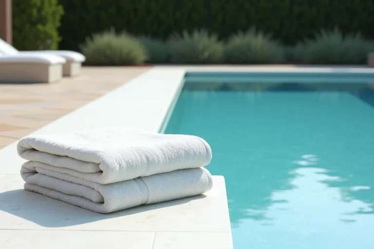 Banquette de piscine en béton blanc intégrée avec dimensions idéales, vue en plongée sur une piscine moderne carrelée de travertin