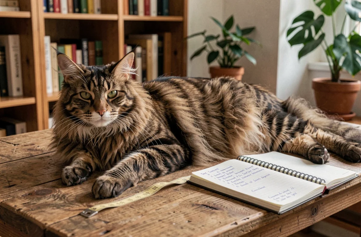 Grand chat Maine Coon allongé sur une table en bois avec un carnet de suivi de poids et un mètre ruban