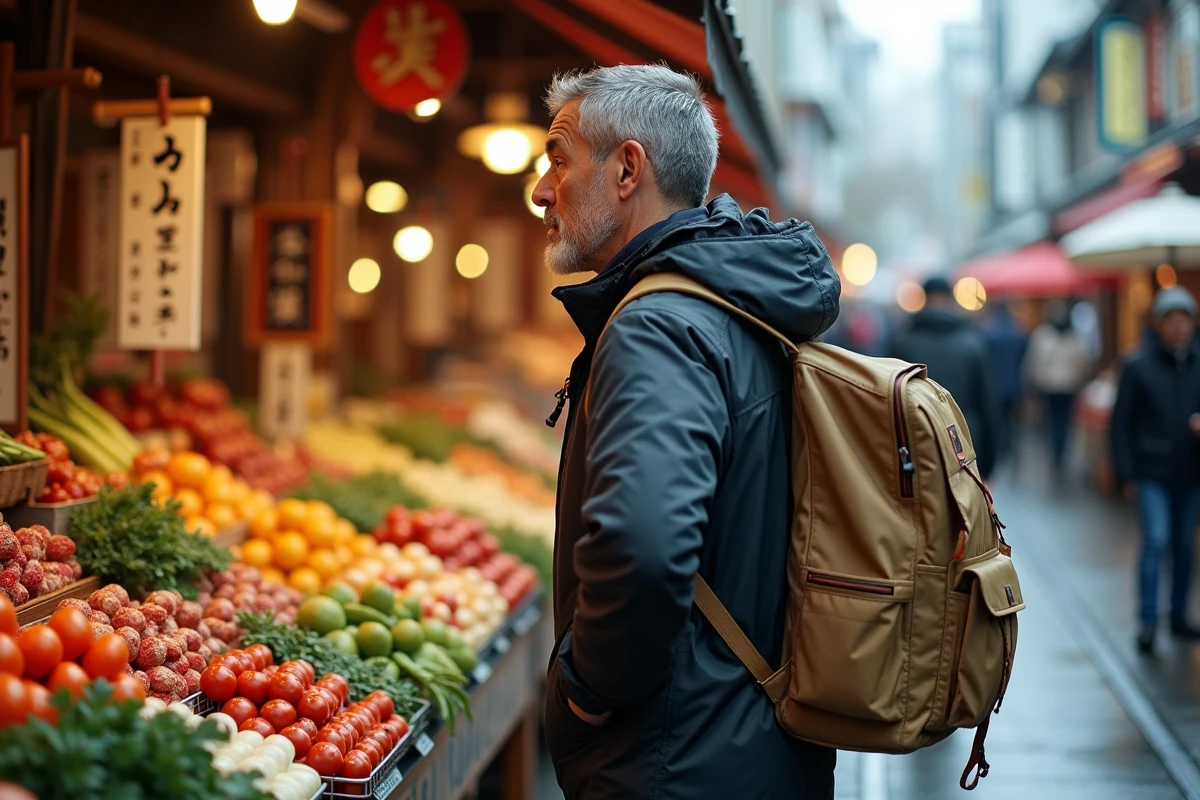 Homme voyageur observant un marché japonais coloré et animé