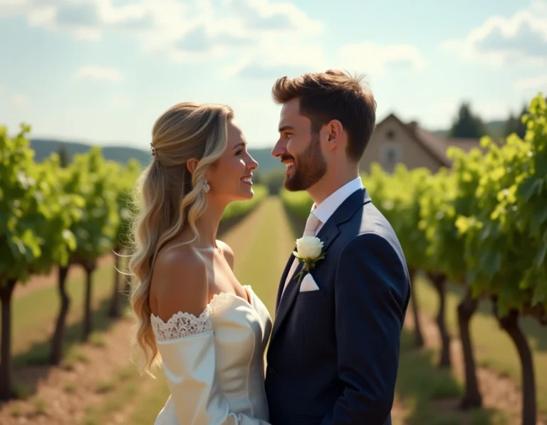 Couple de mariés souriants dans un vignoble en Provence, la mariée en robe ivoire et le marié en costume bleu marine