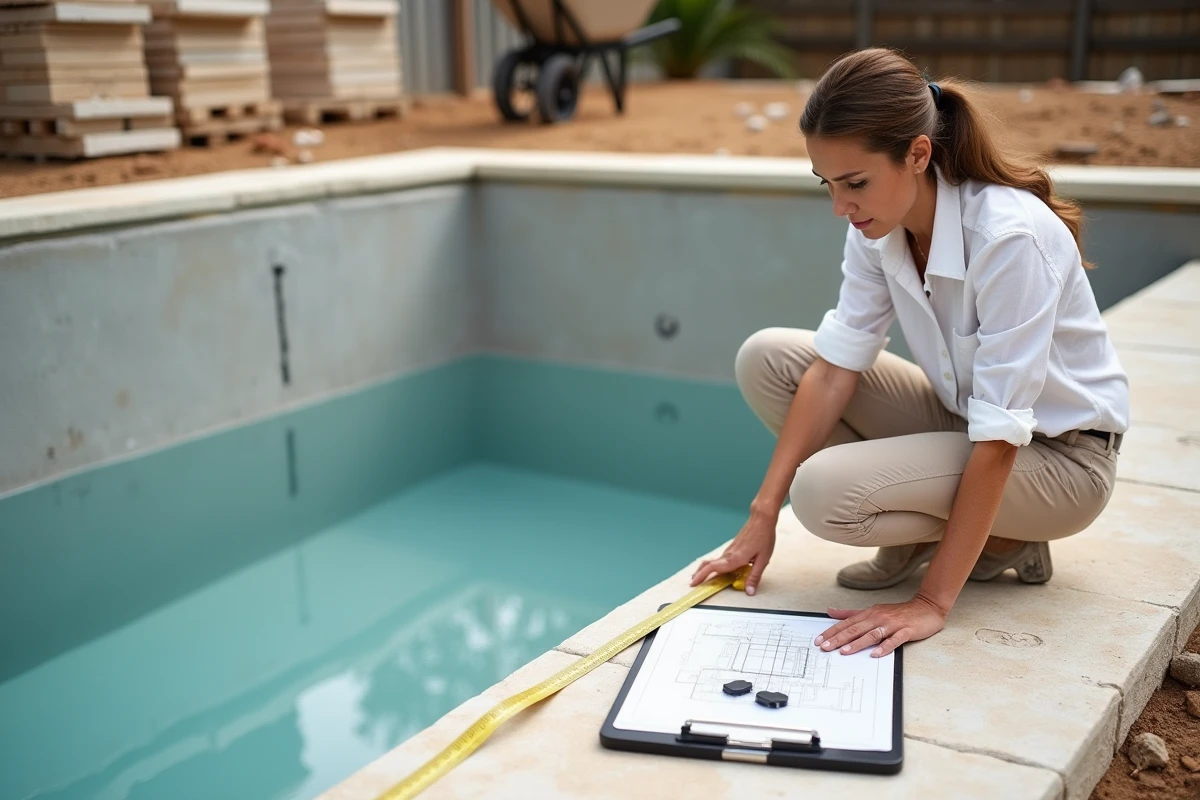 Designer de piscine mesurant la largeur d'une banquette en construction avec un mètre ruban, piscine vide en cours de carrelage