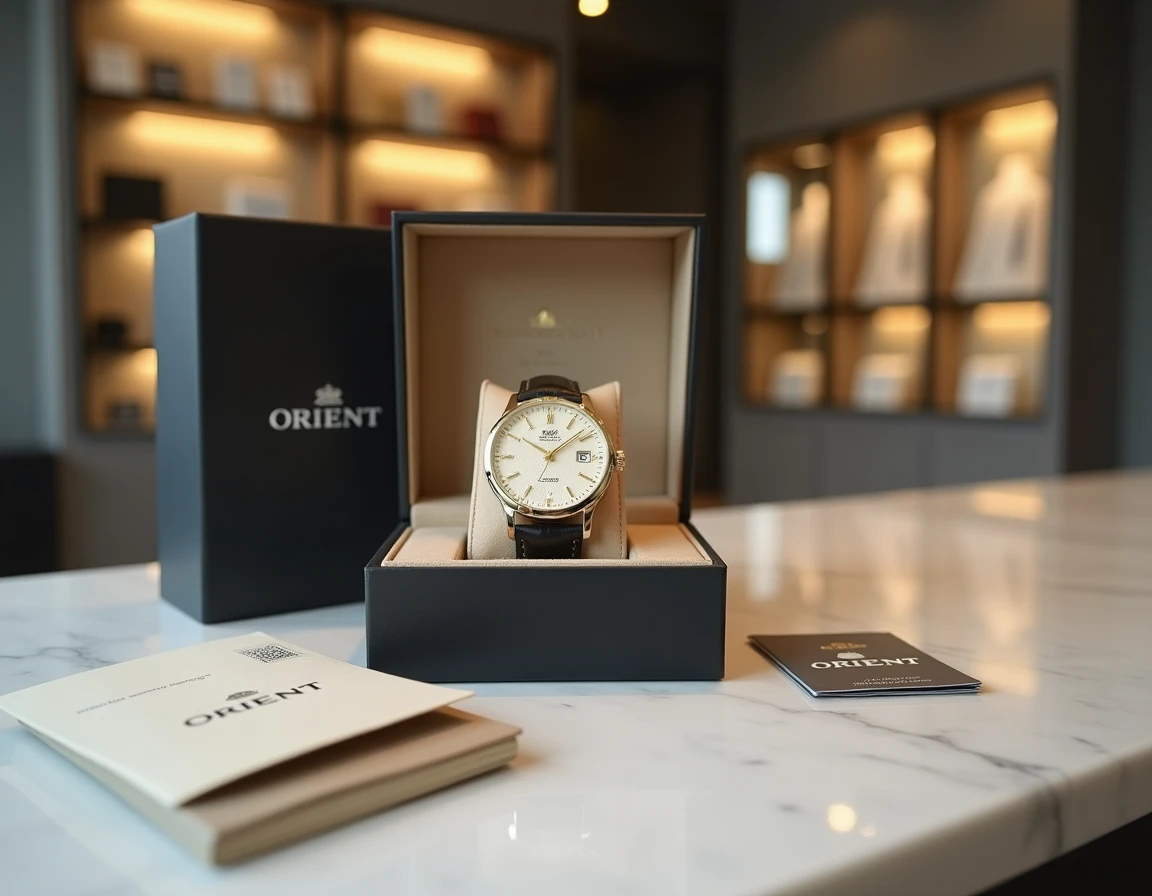 Montre Orient Bambino authentique dans son écrin officiel avec carte de garantie et documentation d'authenticité en boutique