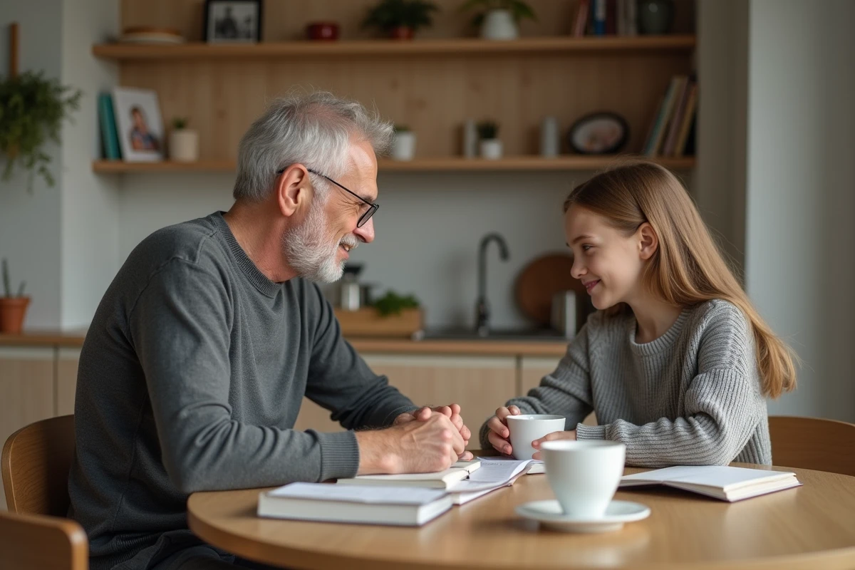 Père et fille partageant un moment dans la cuisine