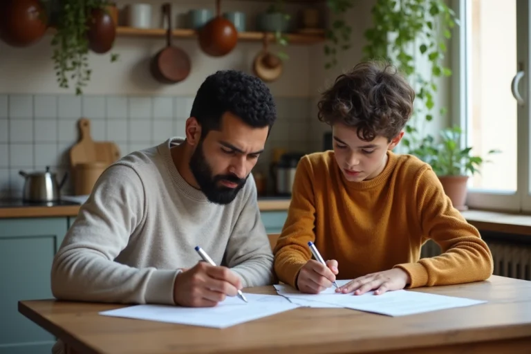 Père et fils remplissant des formulaires dans la cuisine