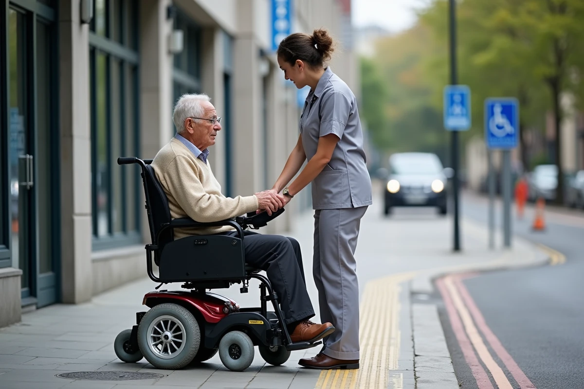 Personne âgée en fauteuil roulant attendant un service de transport adapté devant un centre médical