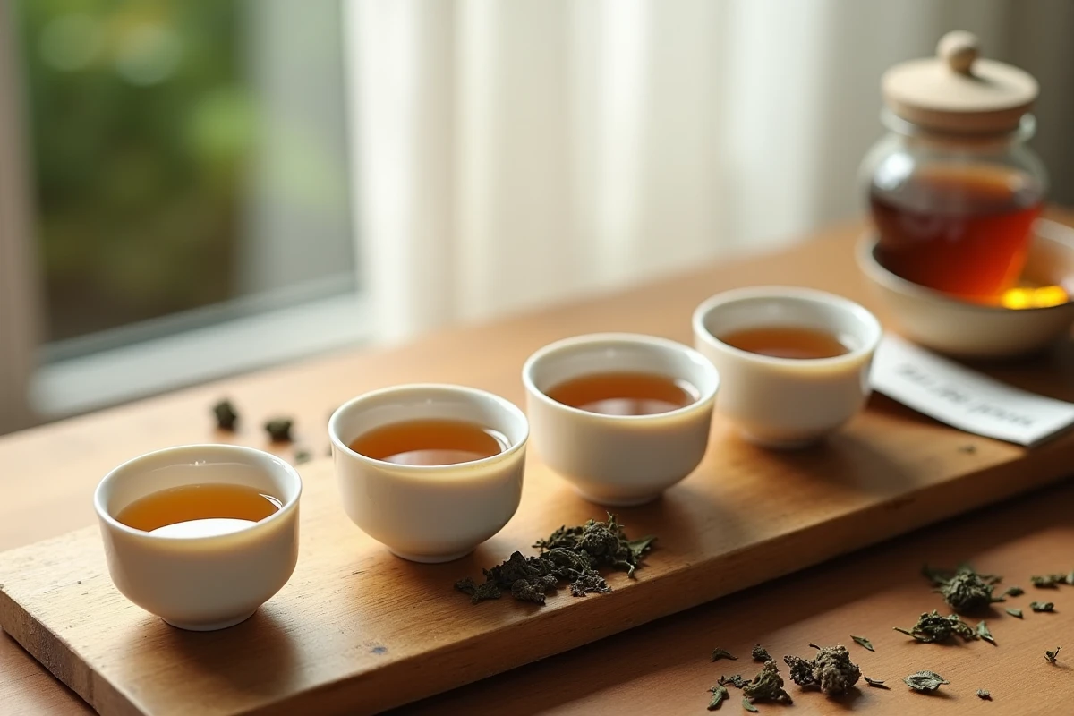 Plateau de dégustation de thés bio avec tasses en porcelaine, feuilles séchées et fiche de notation artisanale sur bois vieilli