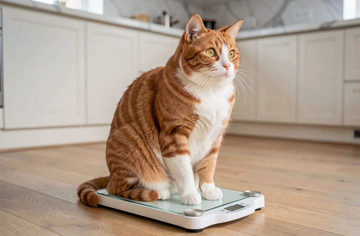 Chat tigré orange et blanc posé sur une balance numérique affichant son poids idéal dans une cuisine moderne