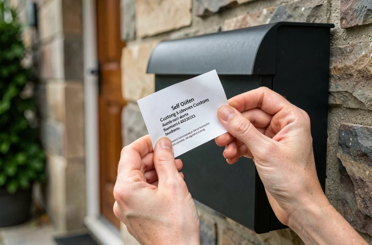Pose d'une étiquette personnalisée autocollante sur une boîte aux lettres noire fixée à un mur en pierre