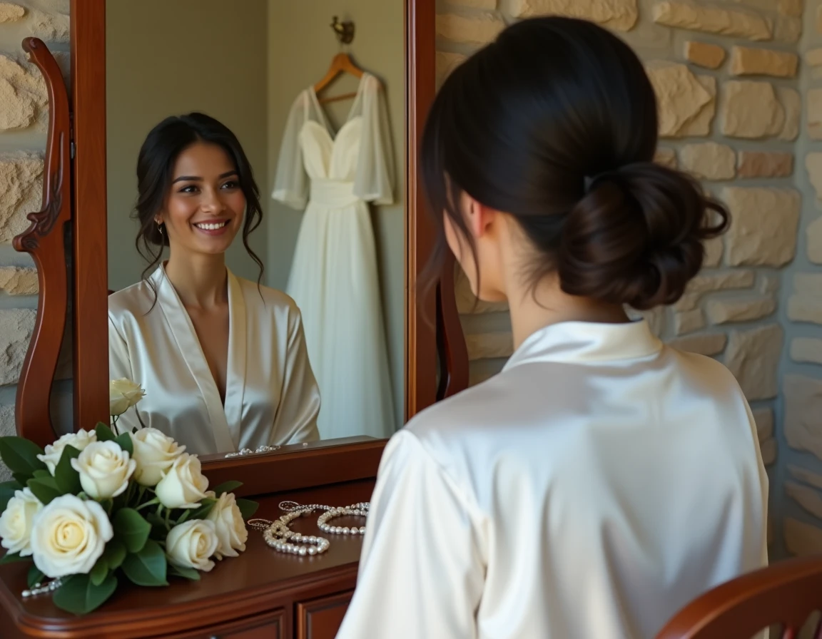 Mariée en robe de chambre en soie blanche assise devant un miroir vintage lors des préparatifs du mariage