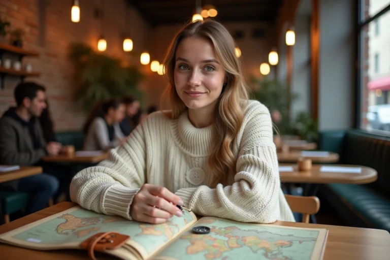 Femme préparant son voyage autour du monde avec une carte et un journal de bord dans un café