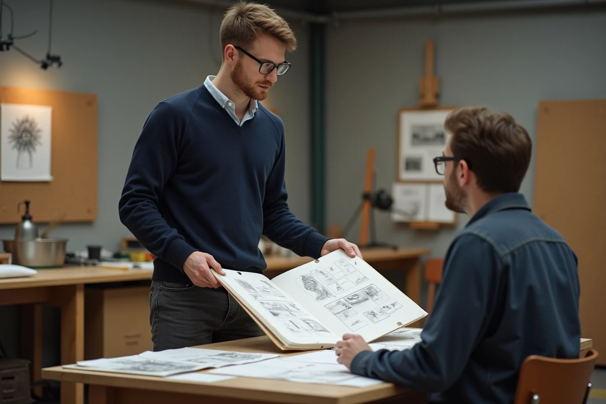 Étudiant présentant son book de dessins à un évaluateur lors d'un entretien de sélection dans un atelier de design