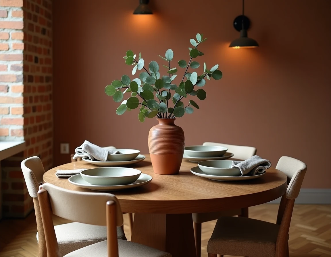 Table à manger mid-century en noyer avec vaisselle artisanale en grès, serviettes en lin et composition végétale en terre cuite