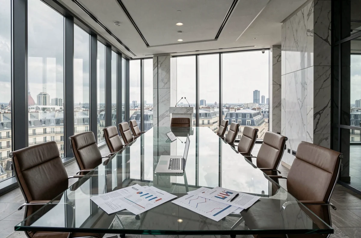 Salle de conférence haut de gamme dans un immeuble de bureaux parisien symbolisant le pouvoir financier et économique
