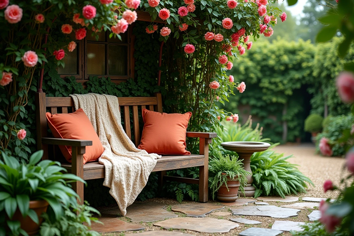 Coin salon de jardin douillet avec banc en teck, coussins et roses grimpantes sur treillage dans un jardin luxuriant et apaisant