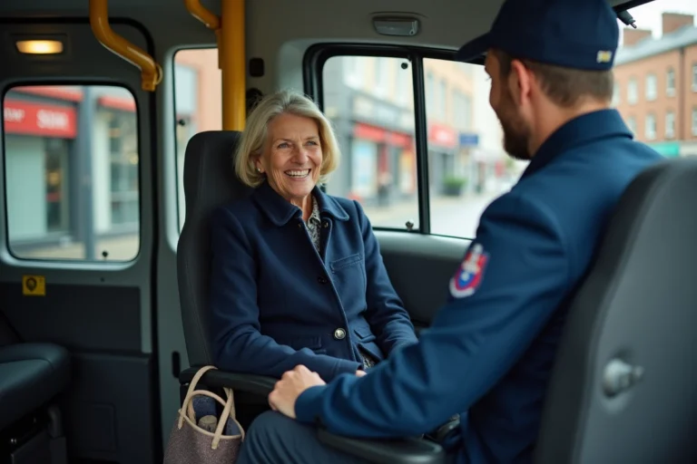 Femme en situation de mobilité réduite utilisant un service de transport adapté avec chauffeur professionnel