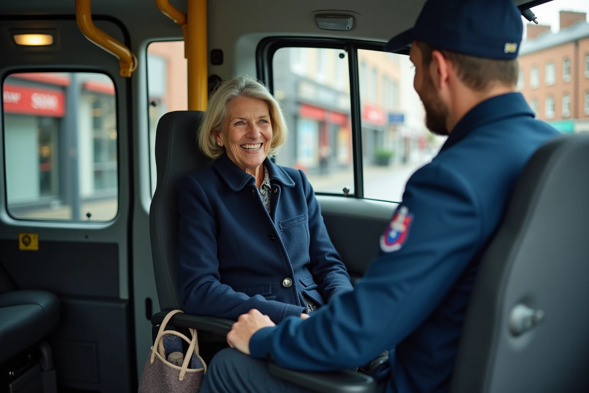 Femme en situation de mobilité réduite utilisant un service de transport adapté avec chauffeur professionnel