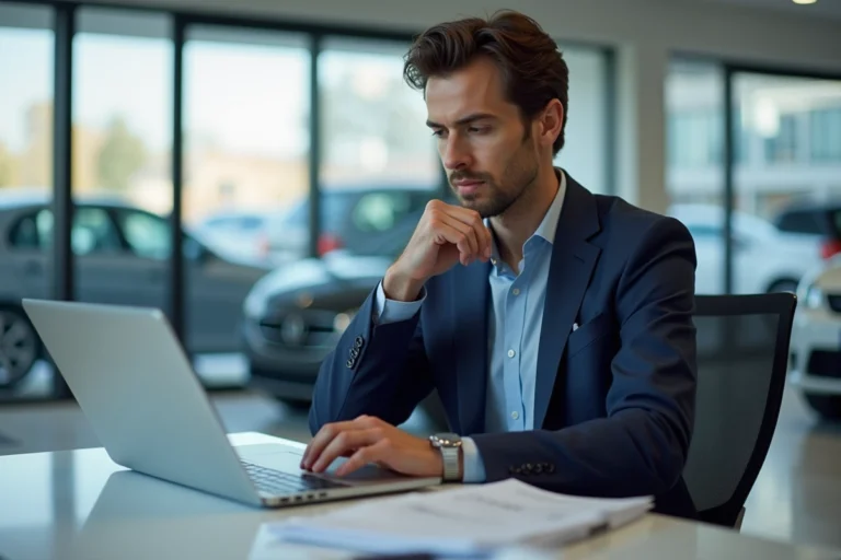 Vendeur automobile en costume dans son bureau moderne