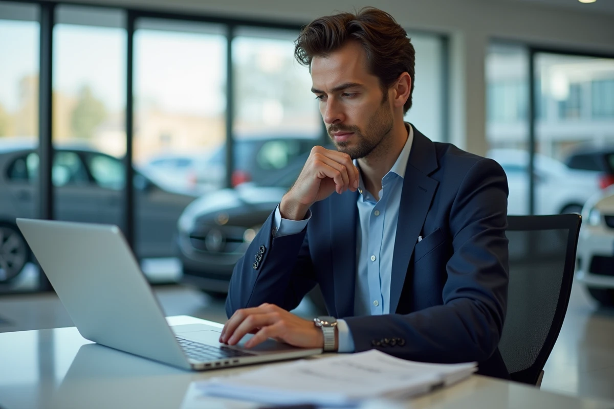 Vendeur automobile en costume dans son bureau moderne