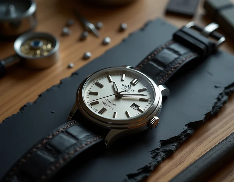 Gros plan sur une montre Orient authentique posée sur une ardoise avec loupe de bijoutier pour vérification des détails d'authenticité