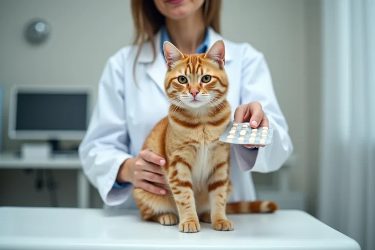 Vétérinaire présentant un comprimé de Clavaseptin à un chat tigré calme sur une table d'examen