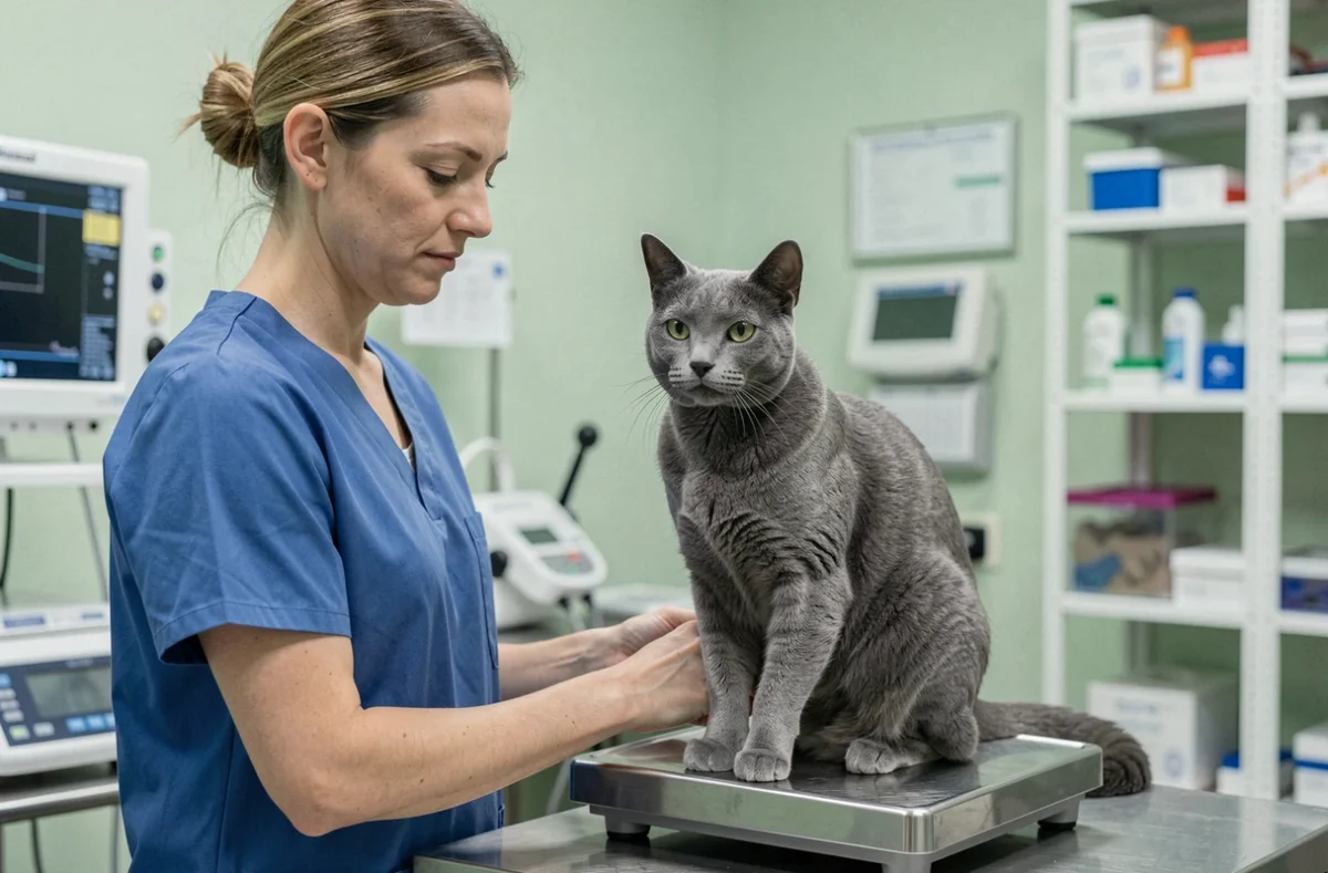 Vétérinaire pesant un chat british shorthair gris sur une balance médicale lors d'une consultation
