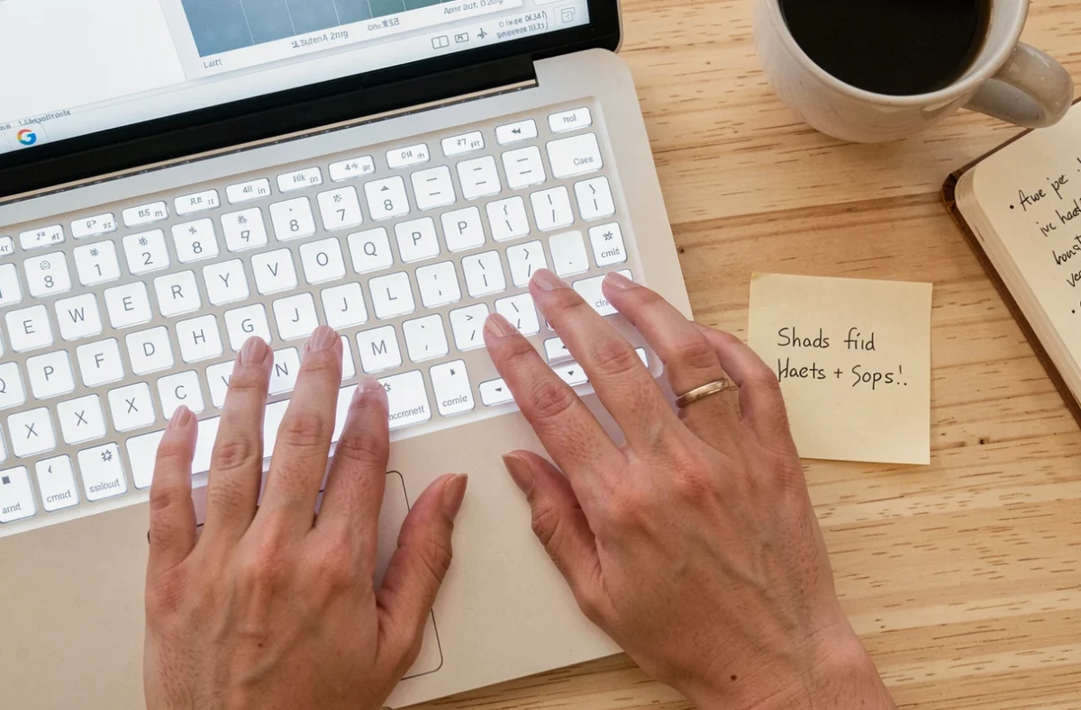 Vue de dessus des mains sur un clavier d'ordinateur portable avec une note indiquant le raccourci pour insérer une barre verticale